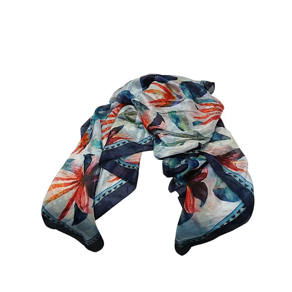 100% SILK‎ Scarf Vietri Milano Long Wrap 41x69 Blue Colorful Modern Art Tropical
